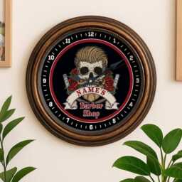 Personalised Barber Shop Wall Clock Custom Name Glass Gothic Style Skull & Crossbones Mens Barbers Birthday New Business Gift Ekrc87 - thumbnail 2