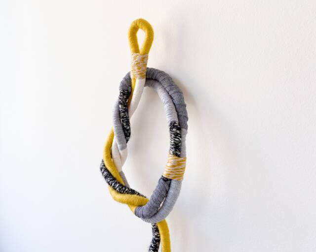 Knot Wrapped Macrame Wall Hanging, Decorative Rope Knot in Yellow & Grey, Large Fiber Art For Interior Decor - image 1