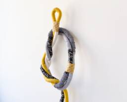 Knot Wrapped Macrame Wall Hanging, Decorative Rope Knot in Yellow & Grey, Large Fiber Art For Interior Decor - thumbnail 1