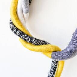 Knot Wrapped Macrame Wall Hanging, Decorative Rope Knot in Yellow & Grey, Large Fiber Art For Interior Decor - thumbnail 3