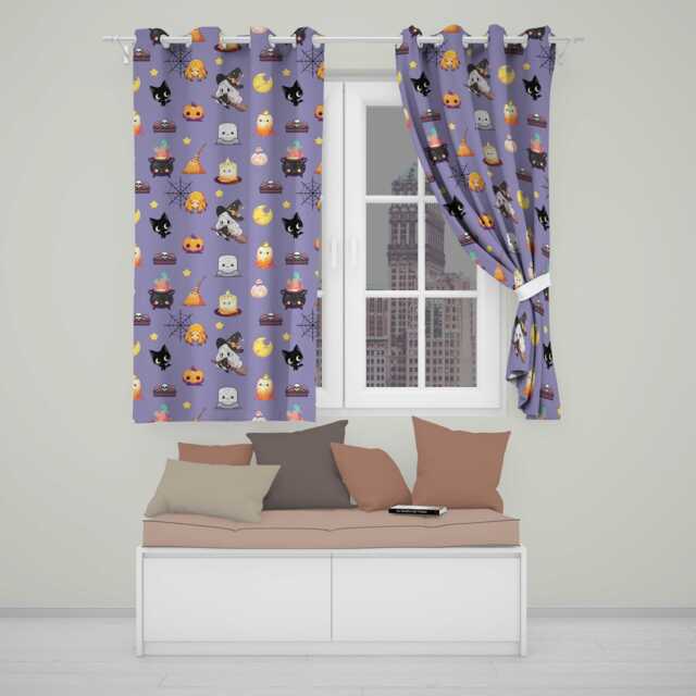 Cute Witch Spider Candle Moon Halloween Seamless Pattern Purple Background Readymade Eyelet Ring Top Thermal 100% Blackout Curtains - image 1