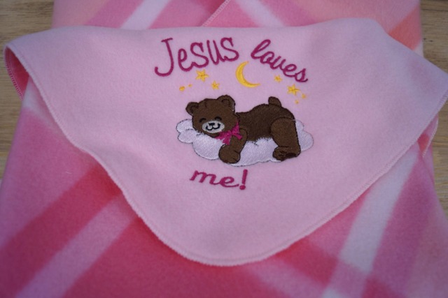 Personalized Baby Blanket Pink Plaid Fleece, Embroidered Bear - image 1
