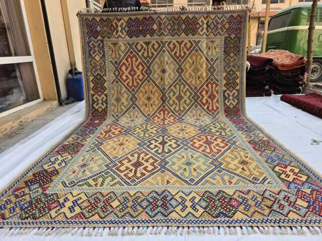 Handwoven Afghan Kilim Rug 7??10 Ft - Colorful Diamond Tribal Pattern - image 1