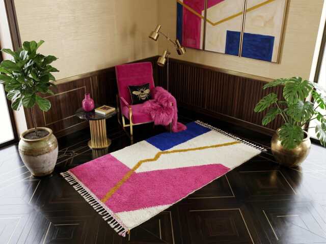 Abstract Moroccan Beni Ourain Rug, Modern Geometric Wool Carpet, Pink Blue Cream Gold - image 1