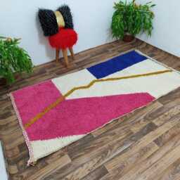 Abstract Moroccan Beni Ourain Rug, Modern Geometric Wool Carpet, Pink Blue Cream Gold - thumbnail 2