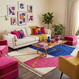 Abstract Moroccan Beni Ourain Rug, Modern Geometric Wool Carpet, Pink Blue Cream Gold - thumbnail 3