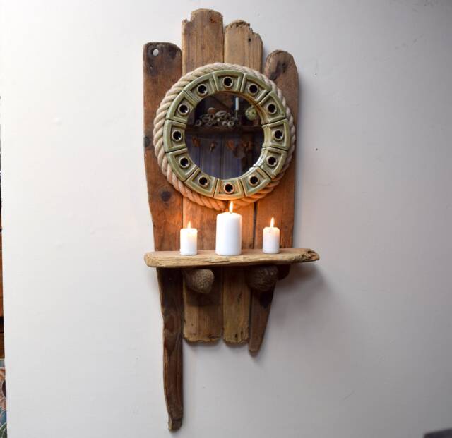 Chunky Driftwood Ceramic Wall Hanging Circular Round Porthole Nautical Mirror & Shelf Very Solid 103 cm Tall - image 1