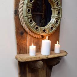 Chunky Driftwood Ceramic Wall Hanging Circular Round Porthole Nautical Mirror & Shelf Very Solid 103 cm Tall - thumbnail 2