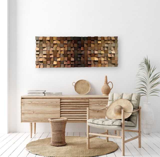 Reclaimed Pine Wood Wall Art - Brown Tan Wooden Mosaic - image 1
