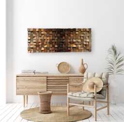 Reclaimed Pine Wood Wall Art - Brown Tan Wooden Mosaic - thumbnail 1