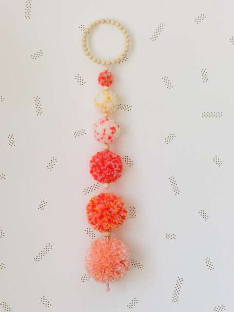 Pompons Drop Wall Hanging With Wooden Beads Ring, Pom Poms Decor, Nursery Kids Decor - image 1
