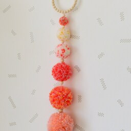 Pompons Drop Wall Hanging With Wooden Beads Ring, Pom Poms Decor, Nursery Kids Decor - thumbnail 2