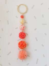 Pompons Drop Wall Hanging With Wooden Beads Ring, Pom Poms Decor, Nursery Kids Decor - thumbnail 1
