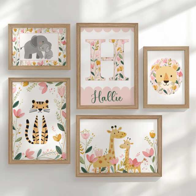Girls Safari Nursery Gallery Wall Art Set, Personalised Floral Animal Prints in Optional Oak Or White Frames, Tropical Bedroom Jungle - image 1
