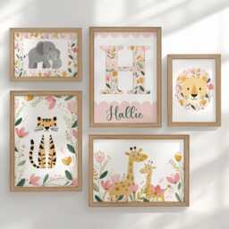Girls Safari Nursery Gallery Wall Art Set, Personalised Floral Animal Prints in Optional Oak Or White Frames, Tropical Bedroom Jungle - thumbnail 1