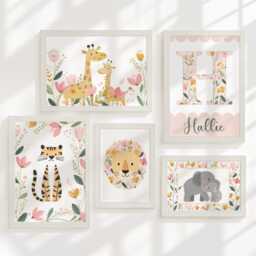 Girls Safari Nursery Gallery Wall Art Set, Personalised Floral Animal Prints in Optional Oak Or White Frames, Tropical Bedroom Jungle - thumbnail 2