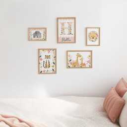 Girls Safari Nursery Gallery Wall Art Set, Personalised Floral Animal Prints in Optional Oak Or White Frames, Tropical Bedroom Jungle - thumbnail 3