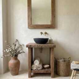 Reclaimed Oak Bathroom Vanity With Stone Sink - Handmade Rustic Cabinet For Small Bathrooms - thumbnail 2