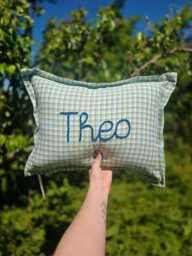 Personalised Boys Cushion - Organic Cotton Avery Row Pillow Embroidered Name Luxury Nursery Decor Sage Gingham - thumbnail 1