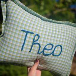 Personalised Boys Cushion - Organic Cotton Avery Row Pillow Embroidered Name Luxury Nursery Decor Sage Gingham - thumbnail 2
