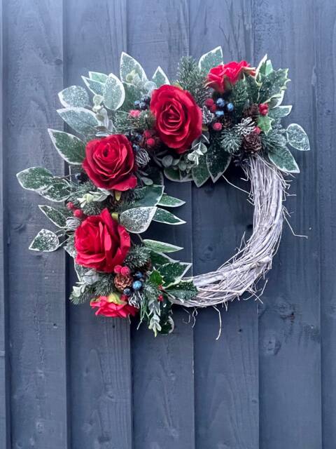 Red Rose Christmas Wreath, Frosted Pine, Holiday Door Decor - image 1