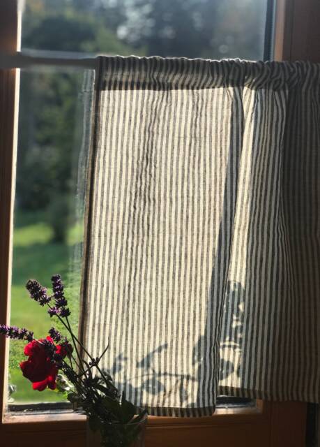 Linen Cafe Curtain, Black Stripe Clara, French Style, Rod Pocket Curtain - image 1