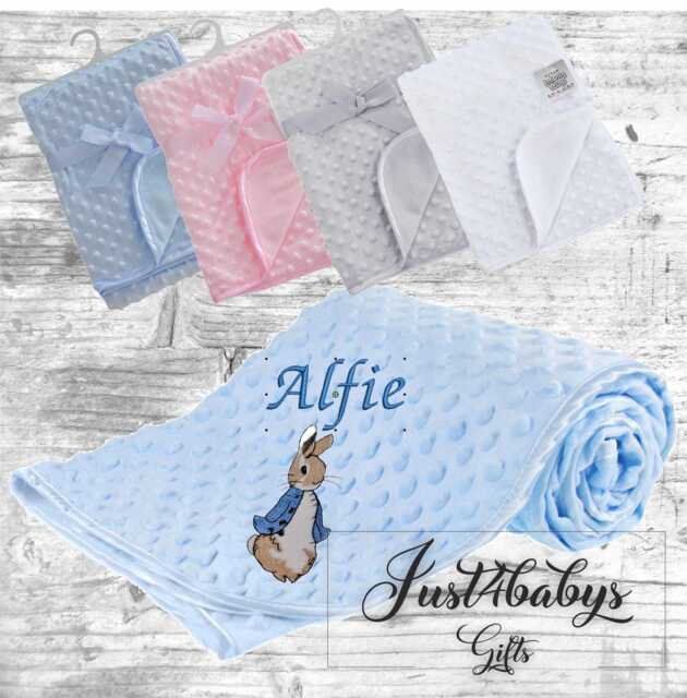 Personalised Peter Rabbit Embroidered Baby Dimple Blanket 5 Colours Super Soft 9 Designs Wrap - image 1