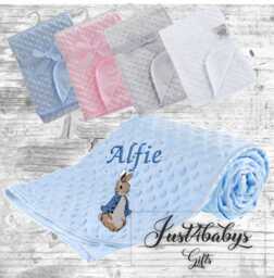 Personalised Peter Rabbit Embroidered Baby Dimple Blanket 5 Colours Super Soft 9 Designs Wrap - thumbnail 1