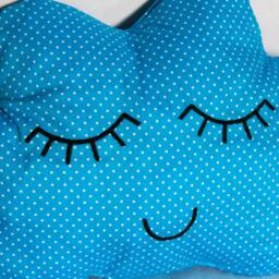 Cloud Cushion Doudou Cotton Blue Turquoise Print Feathers White Polka Dots Serene Face Too Cute Black Yarn Made in France - thumbnail 2