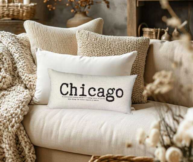 Chicago - Pillow, Chicago, City Pillow, Original Poetry, Chicago Art, Gift Idea, Typewriter Font, Shabby Chic Word Pillow - image 1