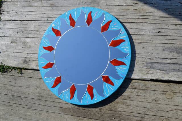 New Home Mirror, Large Sun Mirror, House Warming Gifts, Decorative Wall Sunburst Blue Round Anniversary Gifts - image 1
