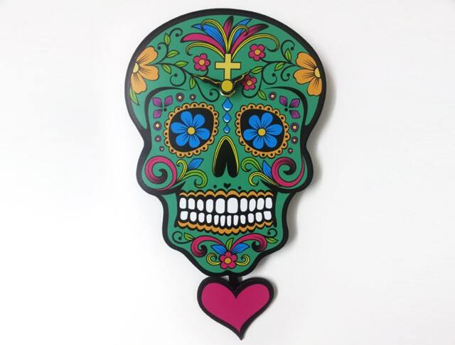 Teal Sugar Skull - Day Of The Dead -Dia De Los Muertos Calavera Pendulum Wall Clock - image 1