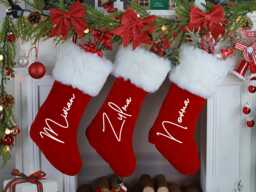 Red Velvet Christmas Stocking With Name, Personalized Xmas Stocking, 2024 Holiday Decor, Family Gifts, Monogram For Home
