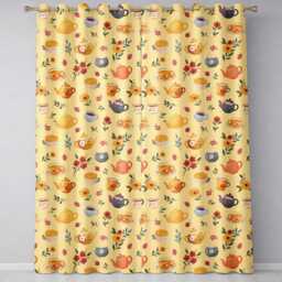 Vintage Teapot Floral Tea Cup Strawberry Garden Yellow Background Seamless Pattern Readymade Eyelet Ring Top Thermal 100% Blackout Curtains - thumbnail 2