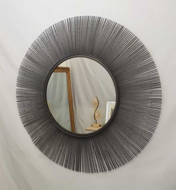 Metal Wire Frame Round Accent Wall Mirror Sunburst Design Retro 87cm Zinc Grey - image 1
