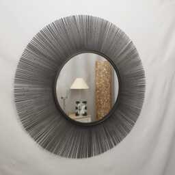 Metal Wire Frame Round Accent Wall Mirror Sunburst Design Retro 87cm Zinc Grey - thumbnail 2