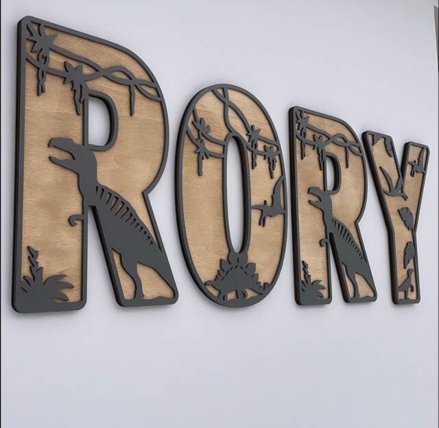 Dinosaur Theme Letter Name Sign - Wood Wall Decor Dino Nursery Bedroom - image 1