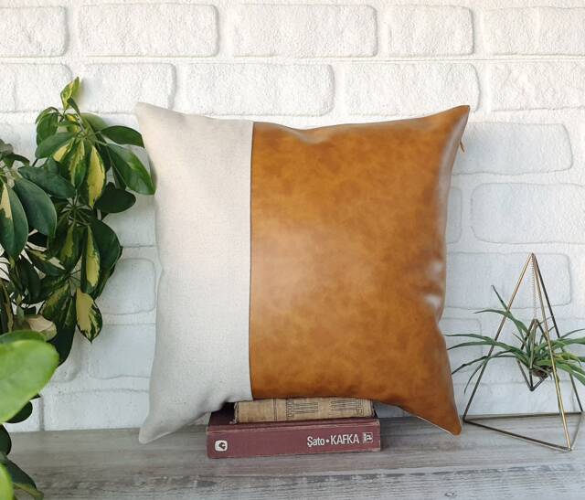Oscar Camel Color Faux Leather & Natural Linen Pillow Cover-1/3 Vertical Design/Housewarming Gift-1Qty - image 1