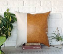 Oscar Camel Color Faux Leather & Natural Linen Pillow Cover-1/3 Vertical Design/Housewarming Gift-1Qty - thumbnail 1