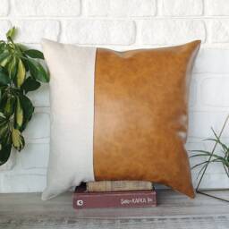 Oscar Camel Color Faux Leather & Natural Linen Pillow Cover-1/3 Vertical Design/Housewarming Gift-1Qty - thumbnail 2
