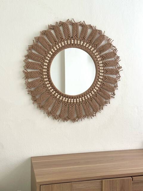 Large Brown Macrame Mirror With Beads, Boho Wall Decor - image 1