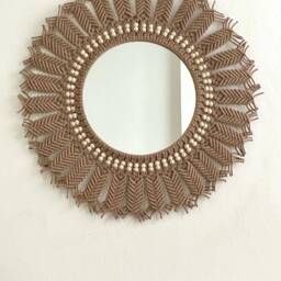 Large Brown Macrame Mirror With Beads, Boho Wall Decor - thumbnail 3