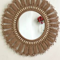 Large Brown Macrame Mirror With Beads, Boho Wall Decor - thumbnail 2