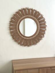 Large Brown Macrame Mirror With Beads, Boho Wall Decor