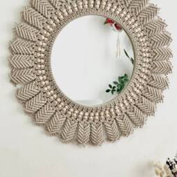 Large Brown Macrame Mirror With Beads, Boho Wall Decor - thumbnail 4