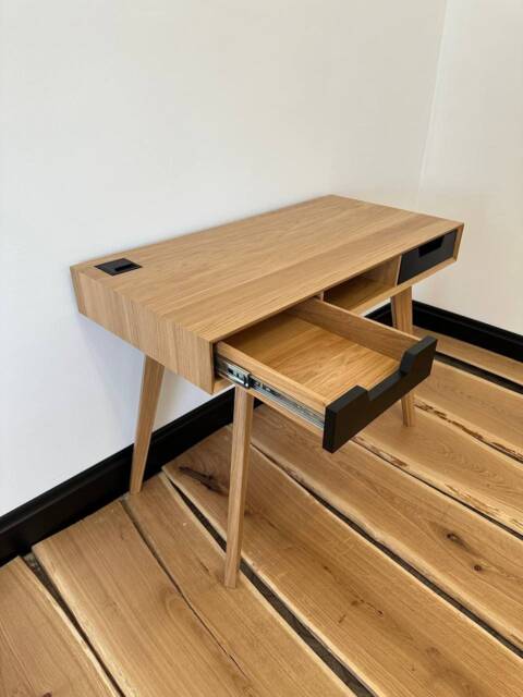 Wood Desk With Drawers, Small Office Solid Oak Modern Desk, Writing Work Table - image 1
