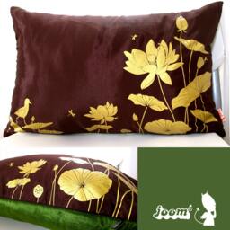 Lotus Pond Pillow Olive Green Velvet Back, Asian Decor - Insert Included - thumbnail 2