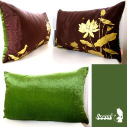 Lotus Pond Pillow Olive Green Velvet Back, Asian Decor - Insert Included - thumbnail 3