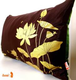 Lotus Pond Pillow Olive Green Velvet Back, Asian Decor - Insert Included - thumbnail 1