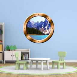 Snowy Mountain Wall Art Lake Side Mural Porthole View Vinyl Sticker - Vwaq Bp21 - thumbnail 1
